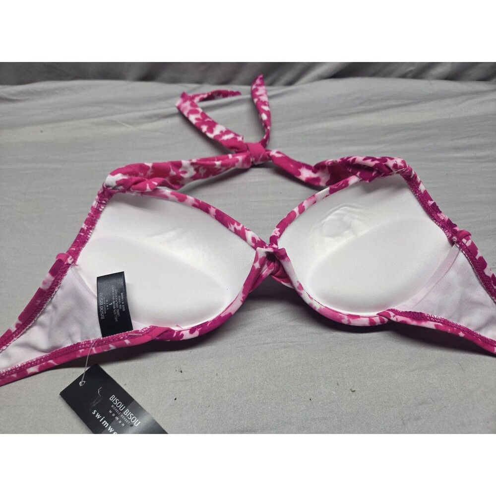 Bisou Bisou Pink/White Floral Halter Padded Lined Bikini Top 34D Sz L - Picture 5 of 8